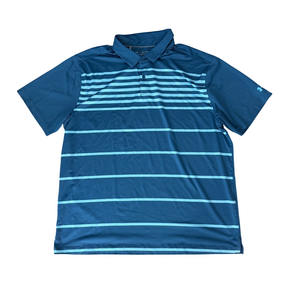 Under Armour Mens 2XL HeatGear Loose Fit Striped Performance Polo Shirt Blue‎